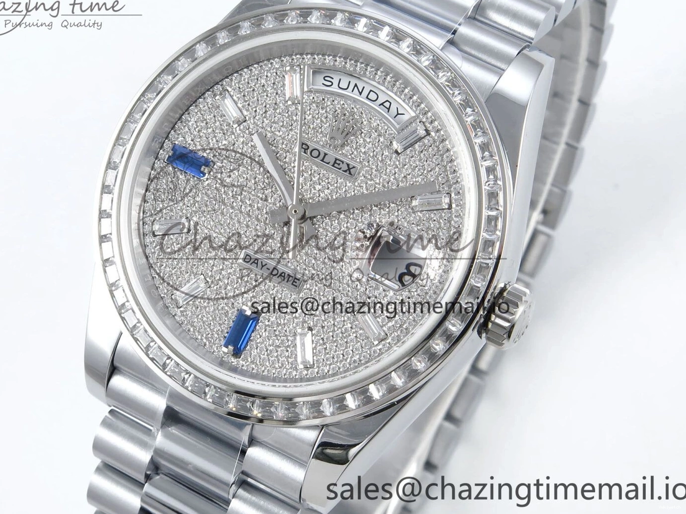 SS DayDate 1:1 Best Bezel QF A2836 40 Diamonds on Weight) Bracelet V5 (Gain Blue President Dial Diamonds Edition 0504